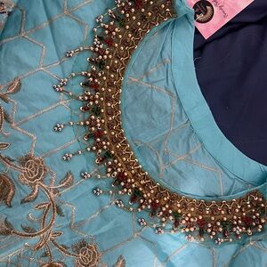 Elegant Embroidered Long Sleeve Dress - Blue